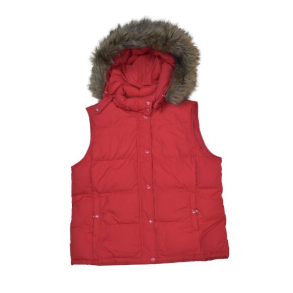 Gap Womens Puffer Vest Size Medium Red Faux Fur Hood Down Imitation - Picture 1 of 9